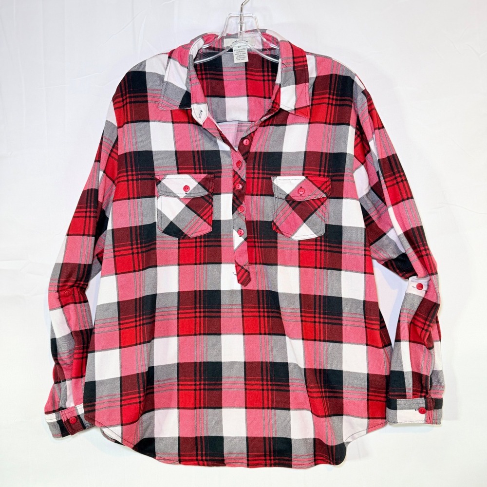 Love Potion Womens 2X Red Black Plaid Henley Top Roll Tab Sleeve Button Up Shirt